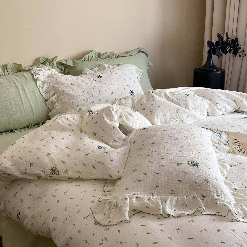 皱皱纱双层纱碎花荷叶边四件套纯棉清新少女心床品四季1.8m被套