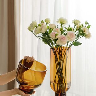 圆插花玫瑰客厅花瓶直筒高端色风欧式摆件简约琥珀轻奢水养脚大号