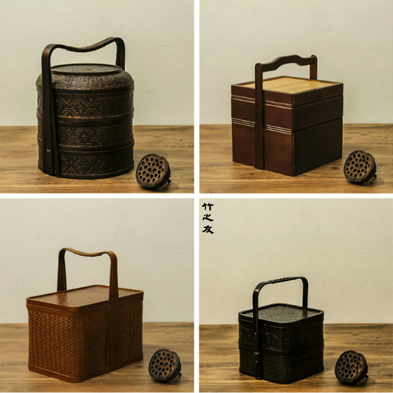 复古竹编收纳盒家用m收纳篮食盒带盖日式茶具茶道点心竹筐手提篮