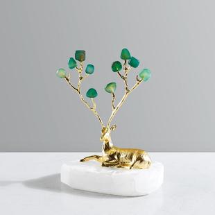 现代轻奢晶石底座绿色玛瑙鹿摆件客厅电视柜书房桌面家居装饰品