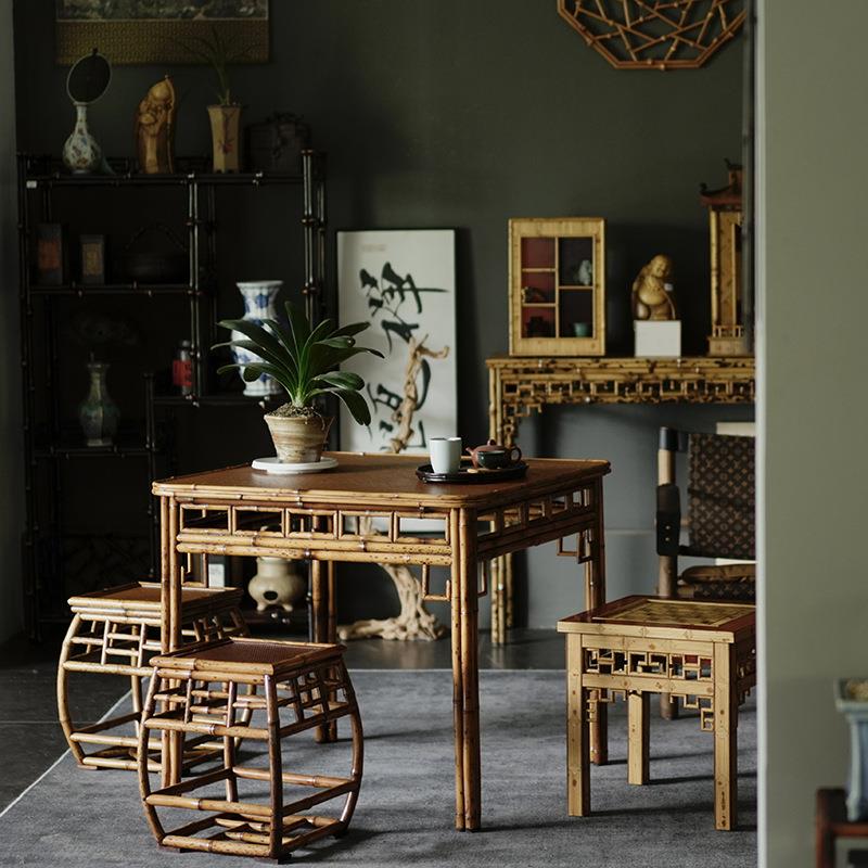 复古新中式梅鹿竹八仙桌 仿古方桌茶室 明式四方茶桌