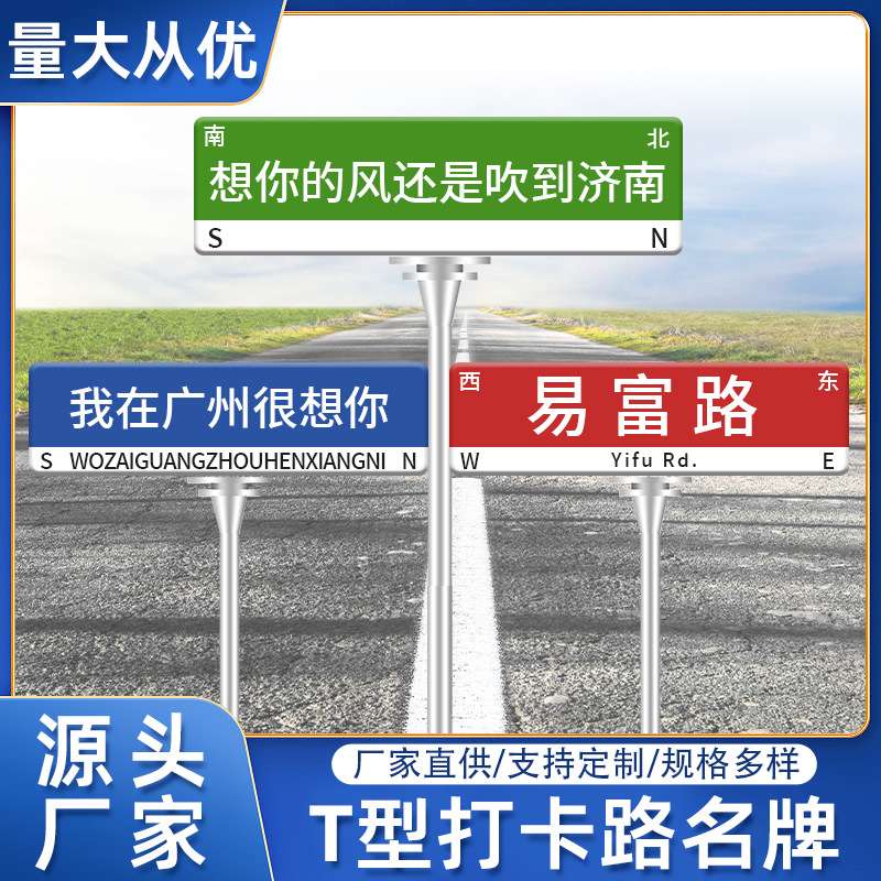 厂家供应网红T型道路指示牌路标交通标志牌立杆式反光网红路名牌
