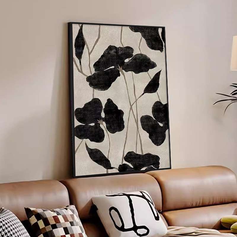 简约现代小众黑白壁画植物卧室玄关装饰画艺术花卉样板间客厅挂画图片