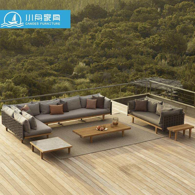 户外休闲沙发庭院花园藤编实木设计师沙发躺床组合防腐木柚木家具