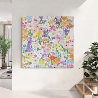 手绘油画多巴胺彩色花卉客厅正方形装饰画玄关抽象肌理丙烯挂画图片