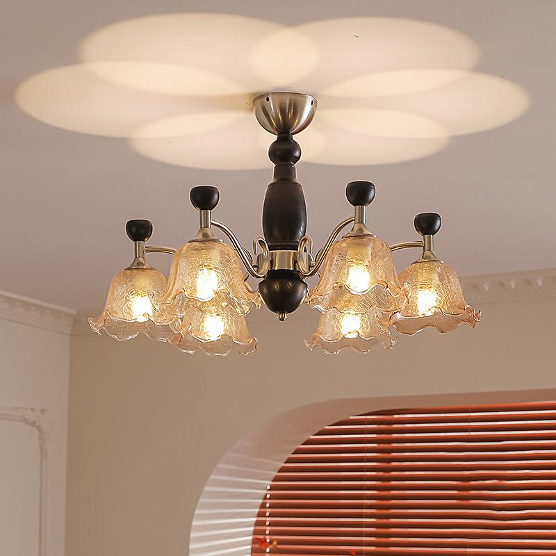 中古客厅吊灯冰裂纹法式复古实木卧室餐厅大厅主白蜡木灯具玻璃