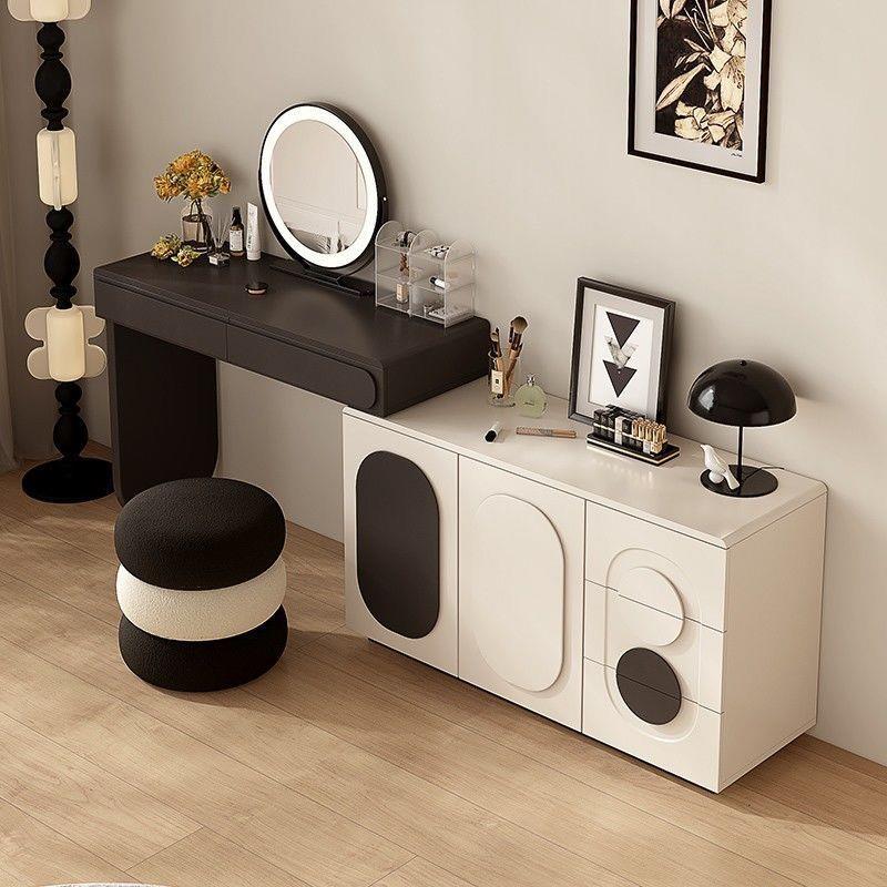 实木卧室梳妆台黑白撞色设计高级奶油感可伸缩可移动