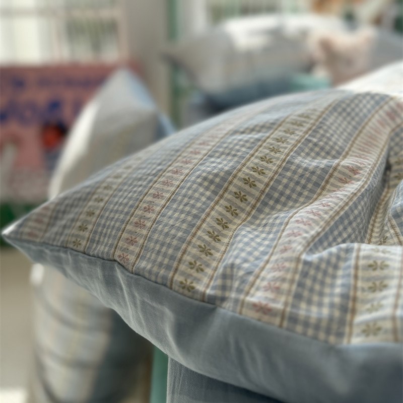 水洗棉简约提花格子蓝色床上四件套全棉1.5Lm1.8米公寓被套三件套