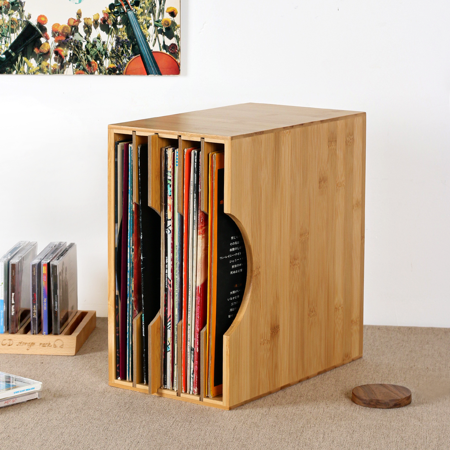 黑胶LP唱片收纳展示架桌面CD架实C木12寸黑胶存放收藏箱黑胶唱片