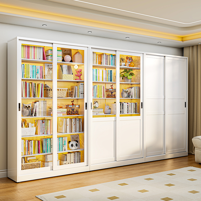 铁艺移门书柜推拉k玻璃门置物架收纳柜简约现代书橱儿童带锁小书