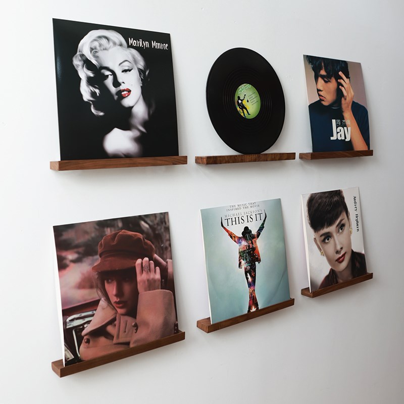 黑胶唱片展示架黑胡桃木唱片架实木唱片收纳架壁挂CD架L.P陈列架