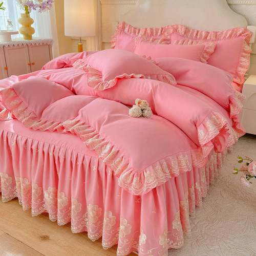 韩版公主风蕾丝花边防滑水洗棉床裙四件套荷叶边被套床裙式三件套