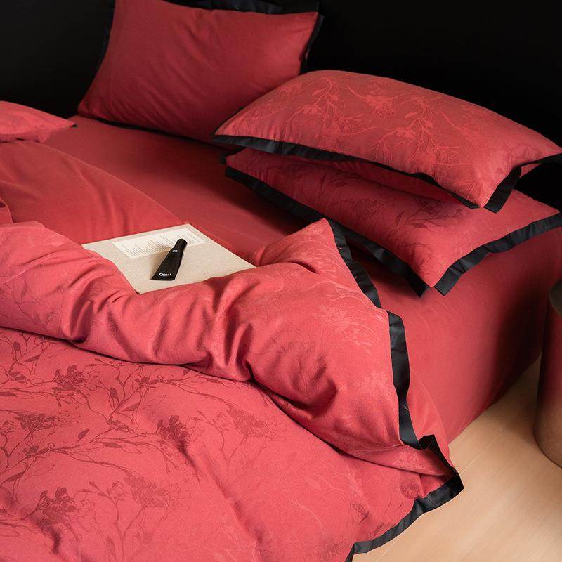 色织水洗天丝棉磨毛提花四件套红色100s冬天加厚保暖床单1.8m