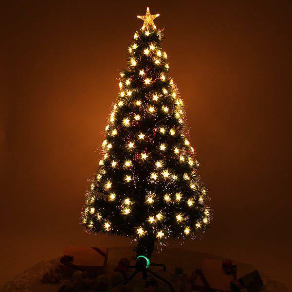 新款暖光圣诞树套餐圣诞节装饰品插电发光金黄色星星光纤树1.5米