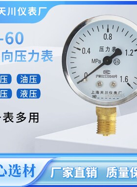 正品上海天川仪表径向压力表Y-60水压油压气压0.6 1 1.6 2.5真空