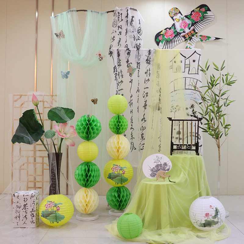 幼儿园新中式环创书法场景布置古风区角挂吊饰拍摄V道具背景纱幔