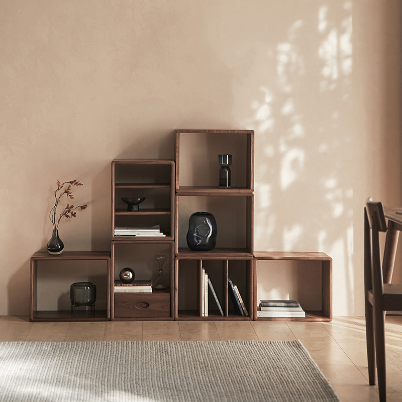 格子书柜自由组合方格黑胡桃实木书房客厅L书架落地隔断收纳储物