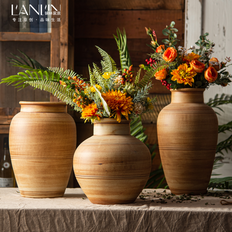 复古陶瓷花瓶摆件客厅o插花干花莲蓬陶罐粗陶卧室房间装饰假花摆
