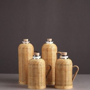 竹编竹细丝精细编水瓶壳中式复古风玻璃真空内胆保温壶开水瓶家用