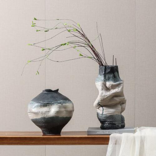 侘寂风新中式蓝灰白手工陶瓷花瓶花器桌面插花样板房间售楼部软装