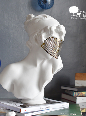 金属面罩树脂女孩雕o像北欧现代售楼处美容院艺术轻奢摆件软装饰