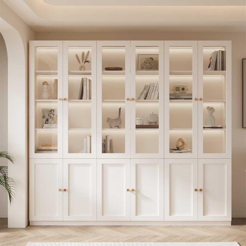 书柜实木储物柜收纳柜玻璃门法式家用防尘展示柜客U厅白色书架柜