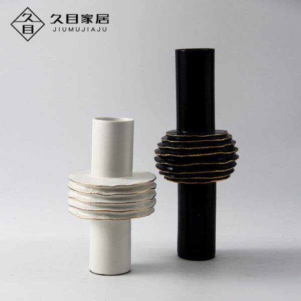 简约现代轻奢创意黑色白色描金陶瓷花器客厅电视柜装饰品花瓶摆件