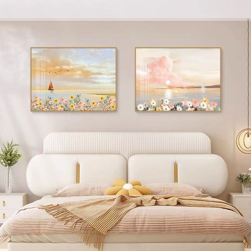 奶油风日出海景卧室床o头装饰画客厅沙发背景墙壁画主卧室横版挂