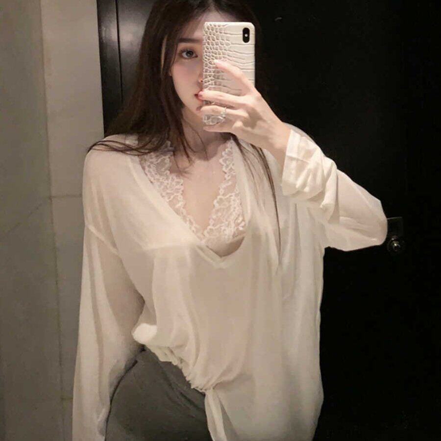 美式辣妹风V领长袖T恤女2025秋季蕾丝吊带背心叠穿露肩上衣两件套
