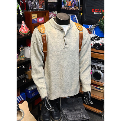 美式慵懒风亨利领毛衣男款秋冬季高级感不起球复古内搭针织打底衫