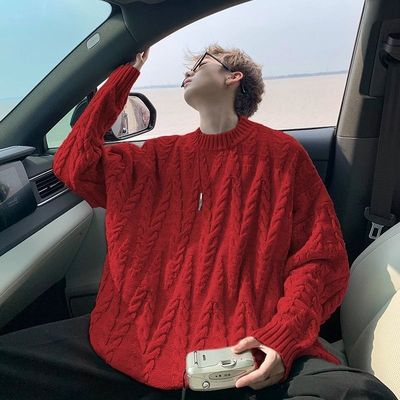 复古麻花设计感红色圆领