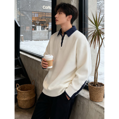 黑色假两件毛衣男款冬季加厚叠穿衬衫领针织衫美式重磅内搭打底衫