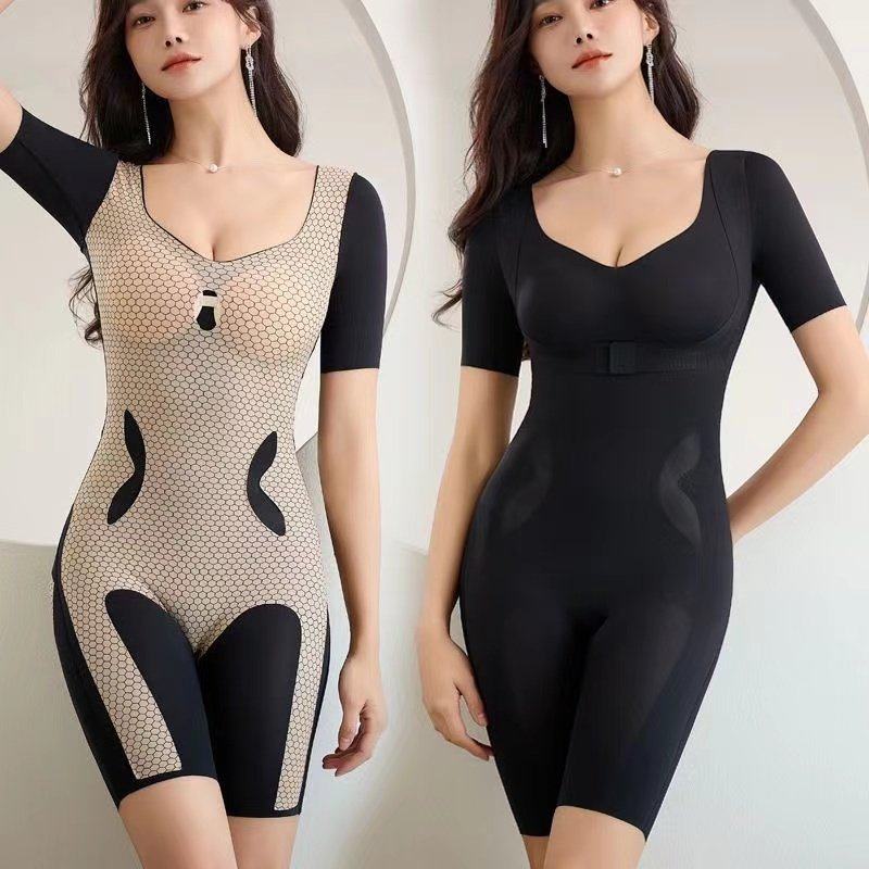 蜂窝连体轻塑衣短袖前扣聚拢塑身美体衣收腹提臀后脱式平角束腰衣