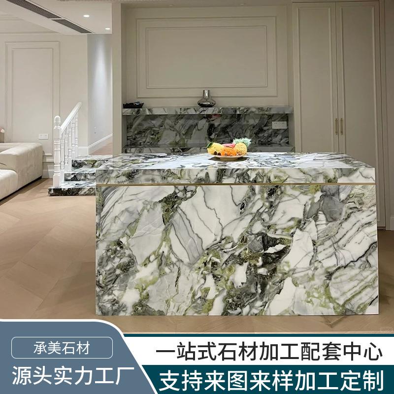 源头工厂冷翡翠岛台吧台天然大理石奢石厨房餐厅客厅大平层别墅