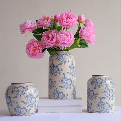 青花瓷陶瓷花瓶陶罐覆古花瓶大肚矮宽H口冬青芍药花瓶玄关客厅摆