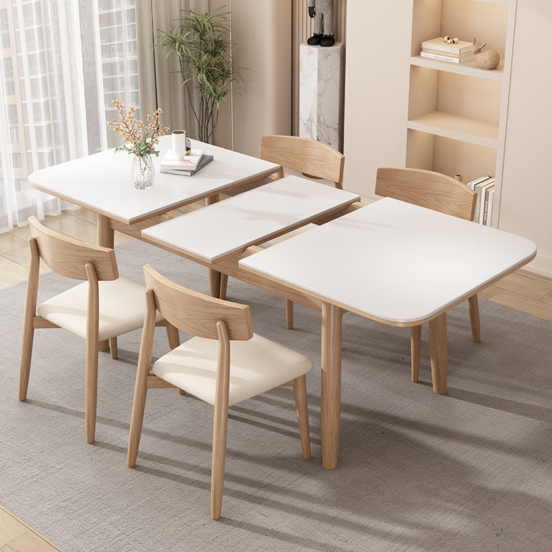 原木岩板伸缩餐桌家用小户型北欧现代简J约实木餐桌椅组合折叠桌