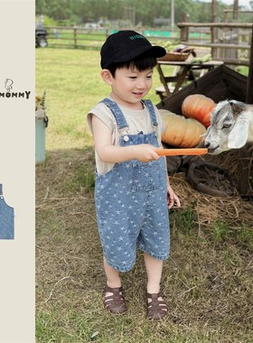 左悠【星野仲夏】轻薄柔软星星满印牛H仔背带裤夏季婴幼童男女宝