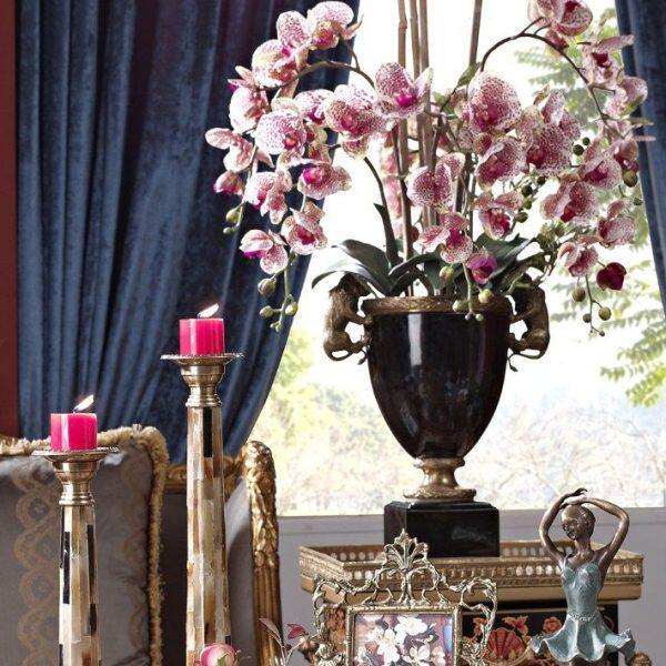 欧式豪华双铜狮陶瓷花盆复古黑色装饰花瓶客厅桌面花器摆件1407