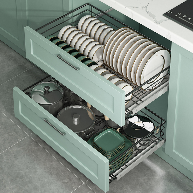 厨房双层碗柜拉篮厨房调味碗碟304不H锈钢内置收纳碗架抽屉式碗篮