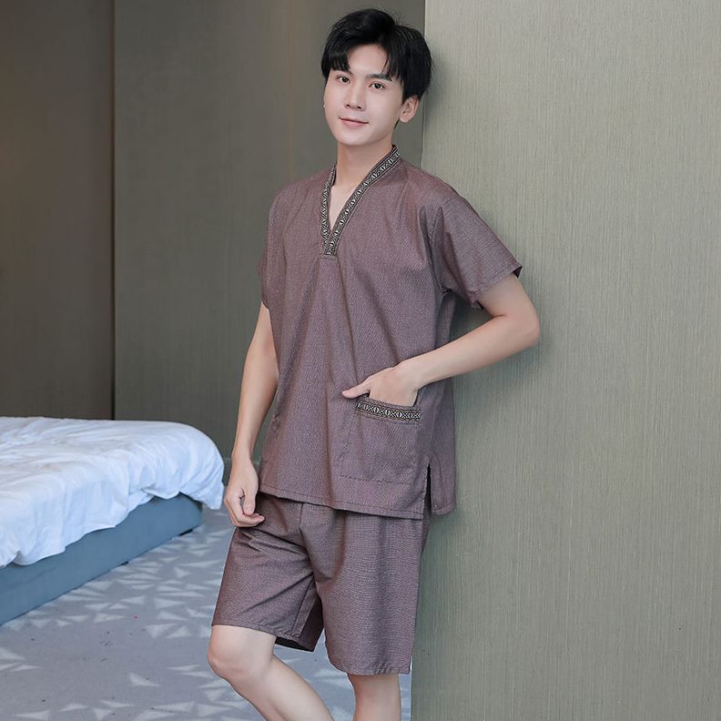 按摩疗洗浴睡衣足男士服家居服浴衣新款中心套装汗蒸服纯棉加大码