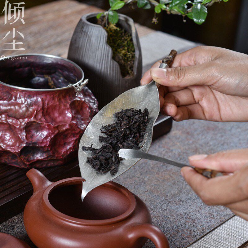 纯手工錾刻纯锡叶子茶则茶拨两件套高颜值茶道赏茶荷茶铲茶勺茶扒
