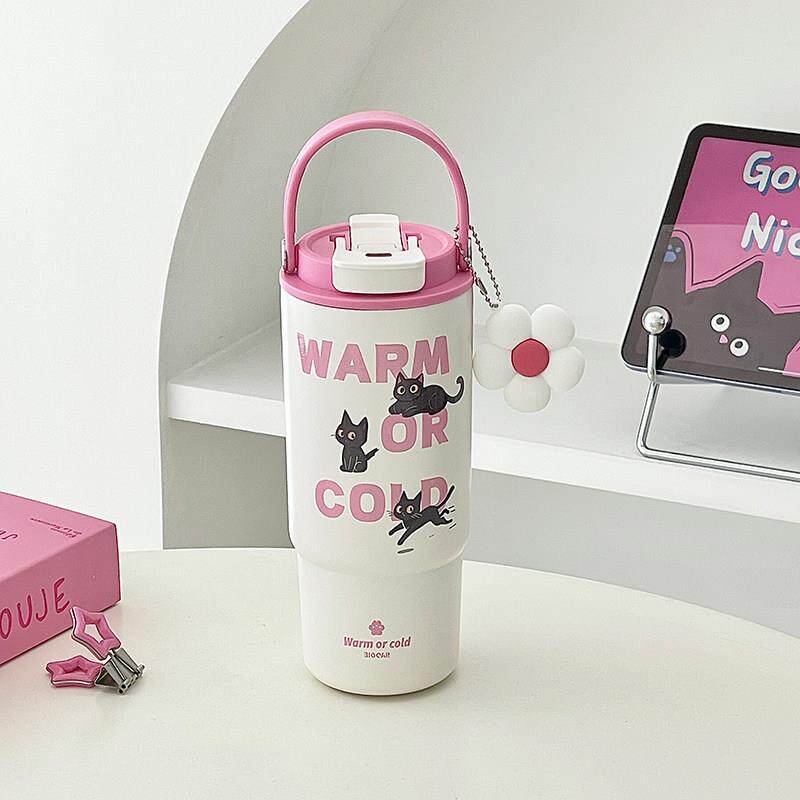陶瓷内胆可爱猫咪大容量保温保冷杯吸管手提可携式高颜值女生水杯