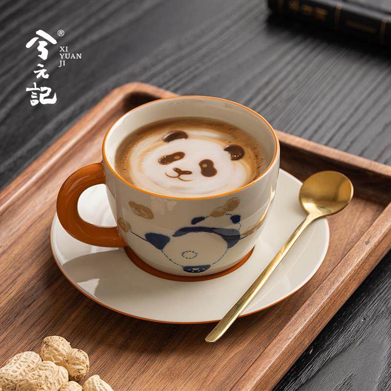 创意熊猫陶瓷咖啡杯碟套装高级感轻奢高颜值女士个人专用下午茶杯