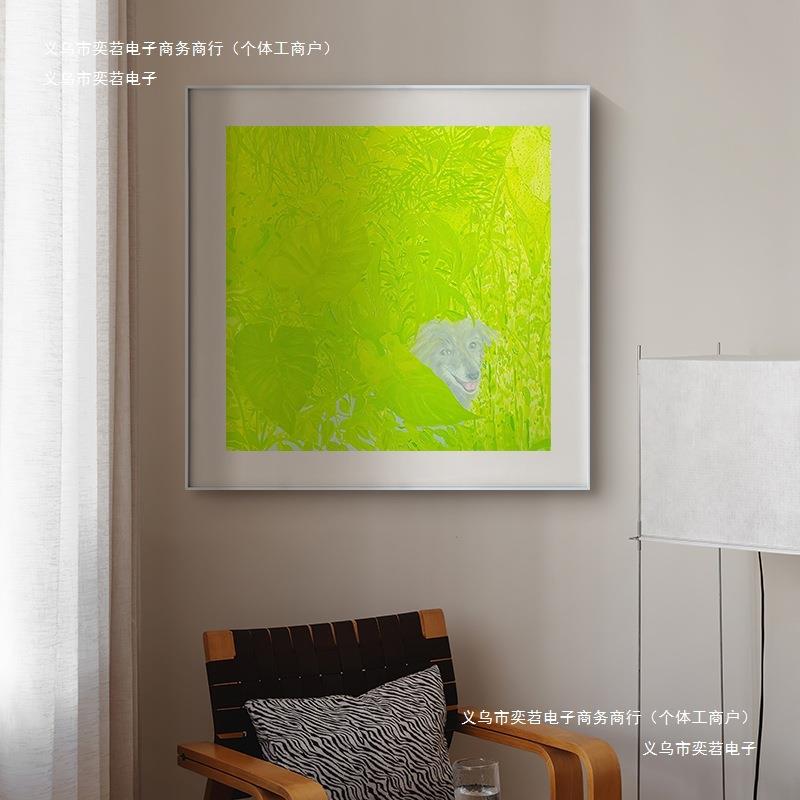 纯手绘油画抽象装饰画墙壁当代艺术小狗绿色植物客厅玄关挂画肌理