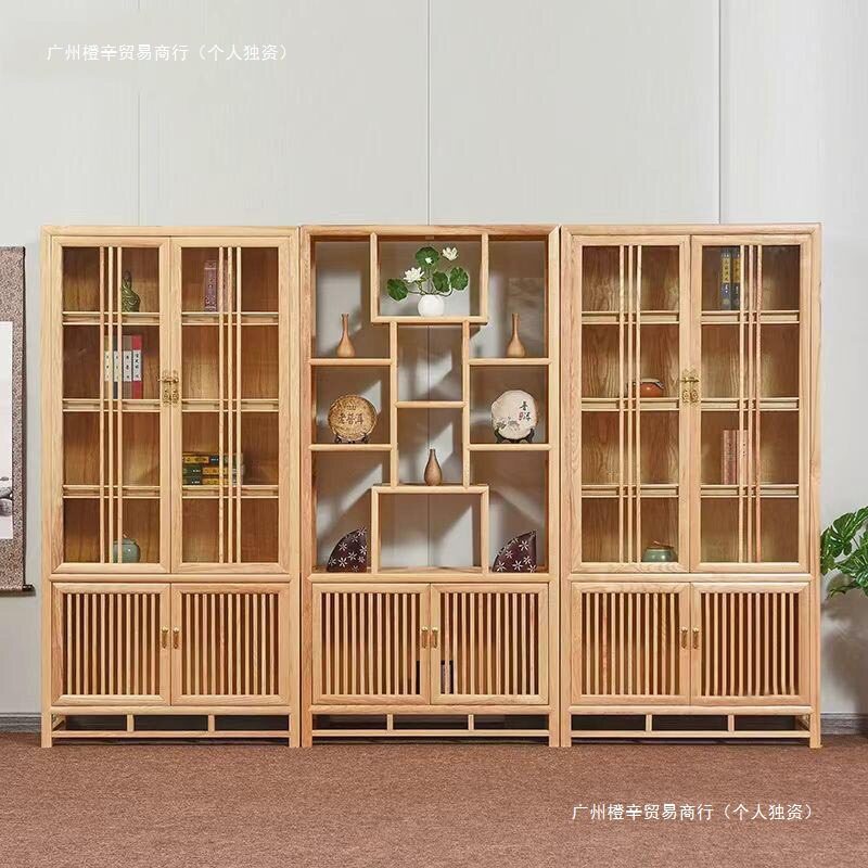 白蜡木书柜带玻璃门新中式实木组合书架原木博古架陈列柜展示柜子
