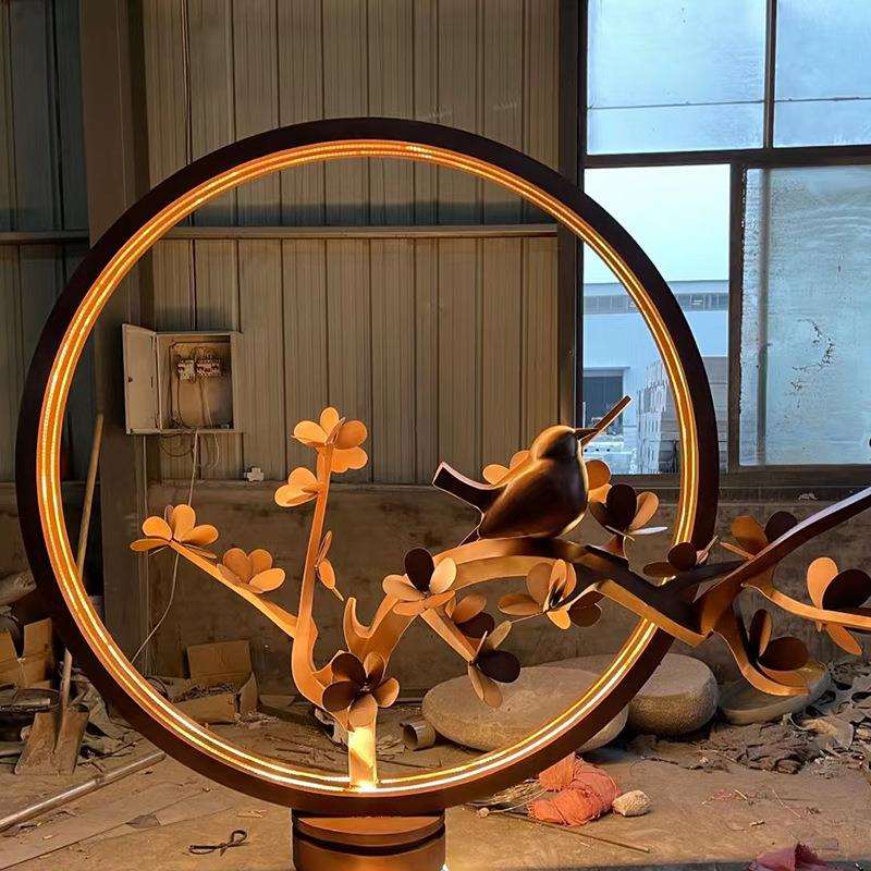 大型不锈钢铁艺抽象异形圆环发光镜面景观装月亮镂空饰落地摆件