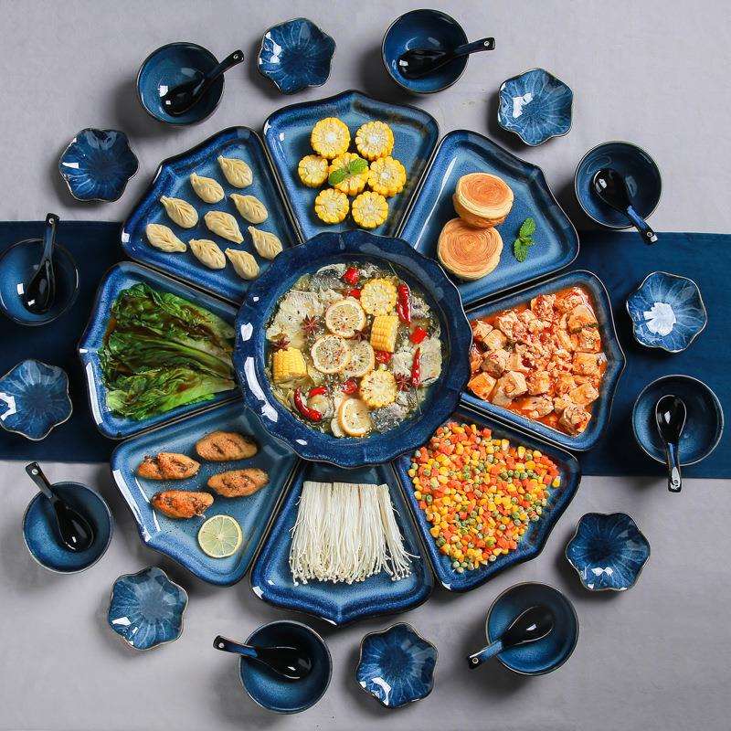 年夜饭陶瓷餐具套装 扇形盘团圆窑变陶瓷组合拼盘轻奢家用菜盘