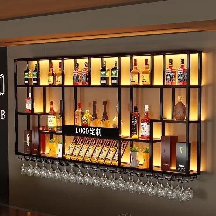 铁艺酒架酒柜墙上置物架壁挂展示架带灯酒吧饭店酒水展示收纳酒柜