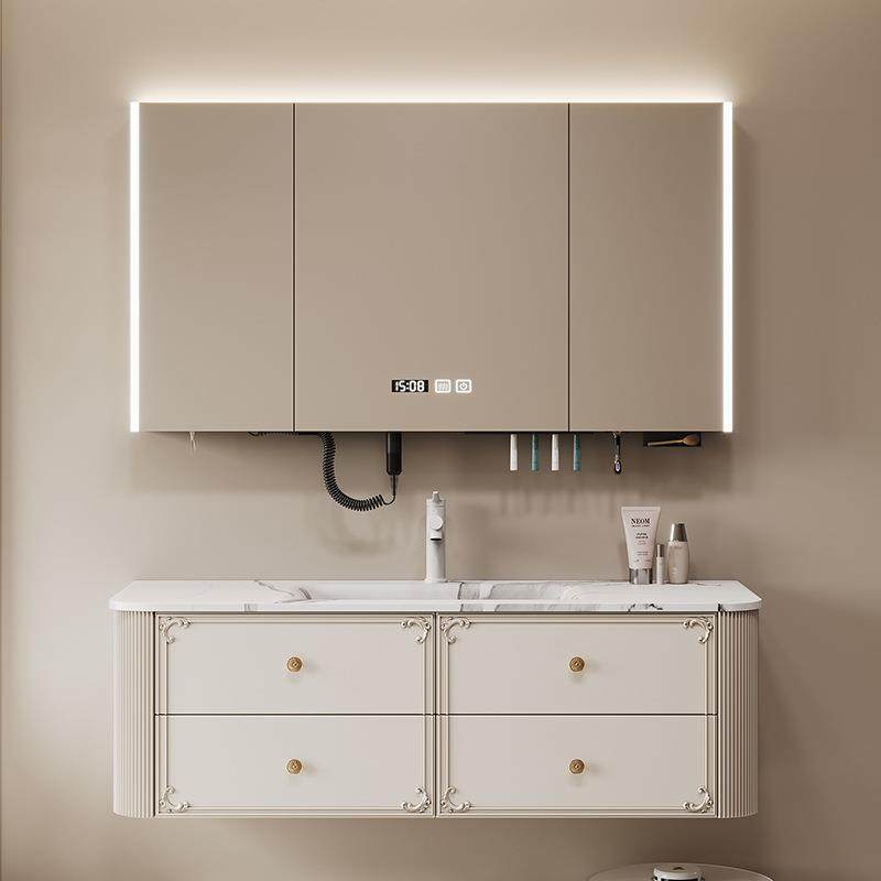 奶油风法式浴室柜组合岩板热弯一体盆橡木智能洗漱台洗手脸盆复古