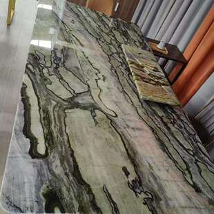 海岛绿天然奢石餐桌岛台石材茶几台面板大理石前台接待台